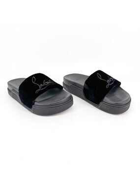 Christian Louboutin 'Navy Pool' Slide Sandals Size 37 US 7 Black Velvet Logo 27
